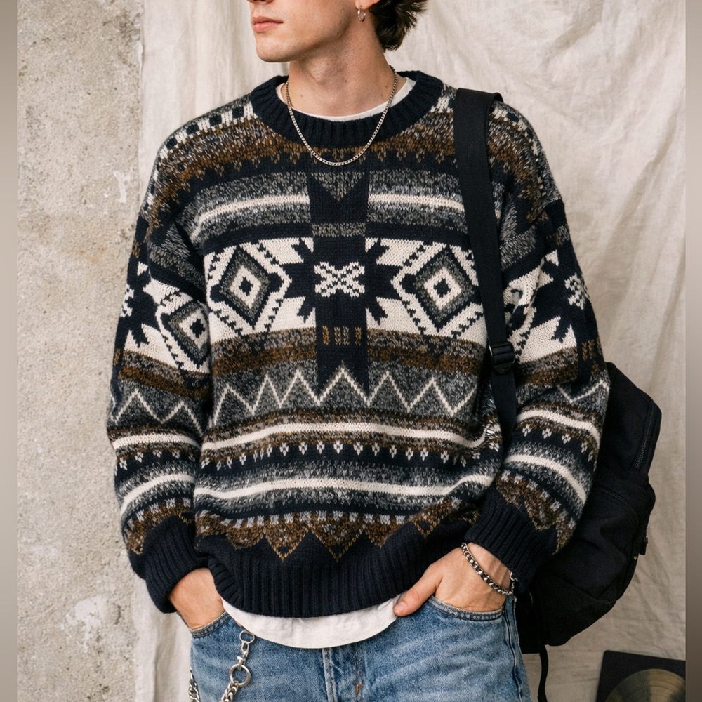 Vintage 90s Sweater Grey Black White Patterned Thick Winter Crewneck Medium